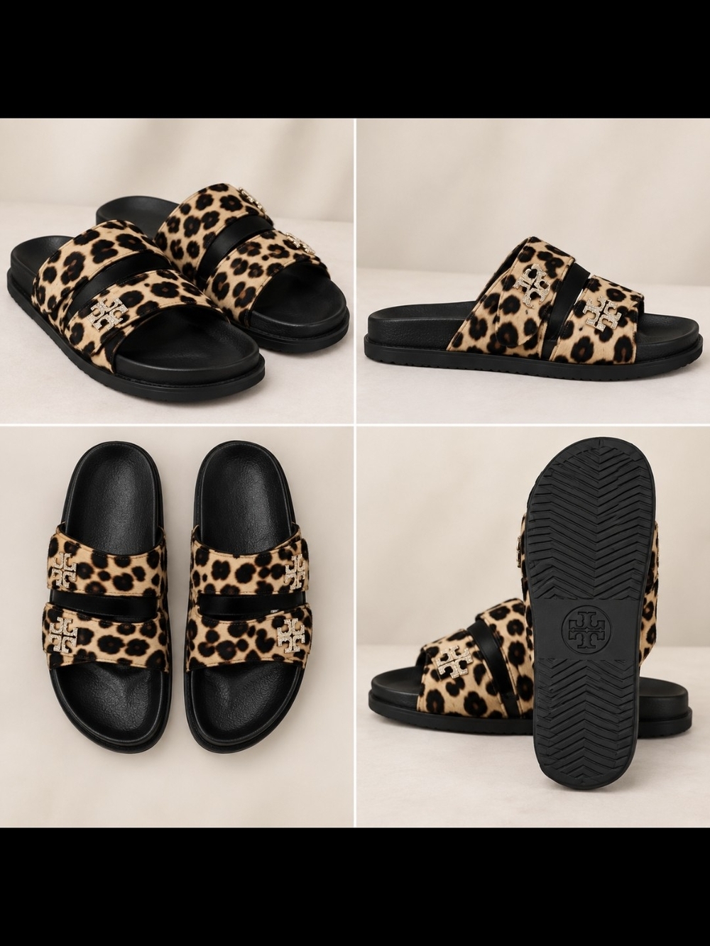 Tory Burch Leopard Print Double-strap Slide Sandals - Black/Beige